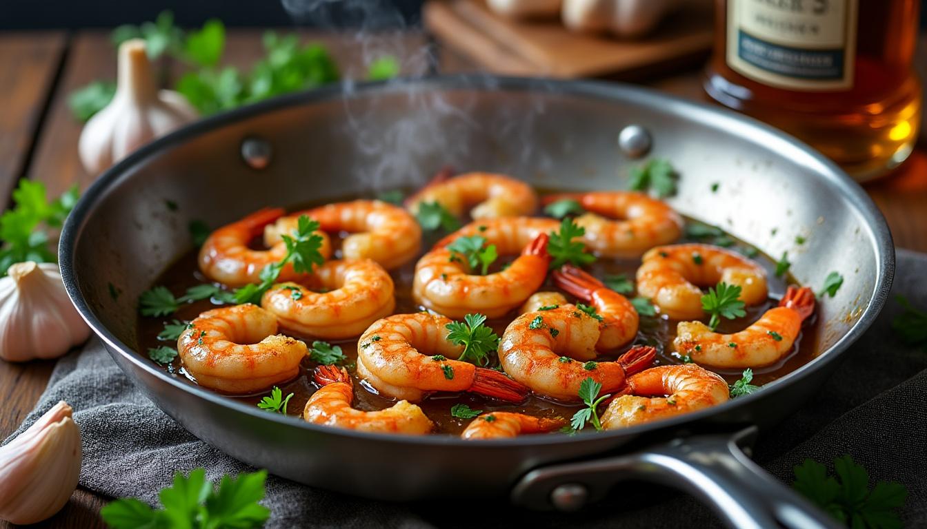 découvrez la recette savoureuse des crevettes flambées au whisky, ail et persil, expliquée étape par étape pour un plat facile et délicieux à préparer.